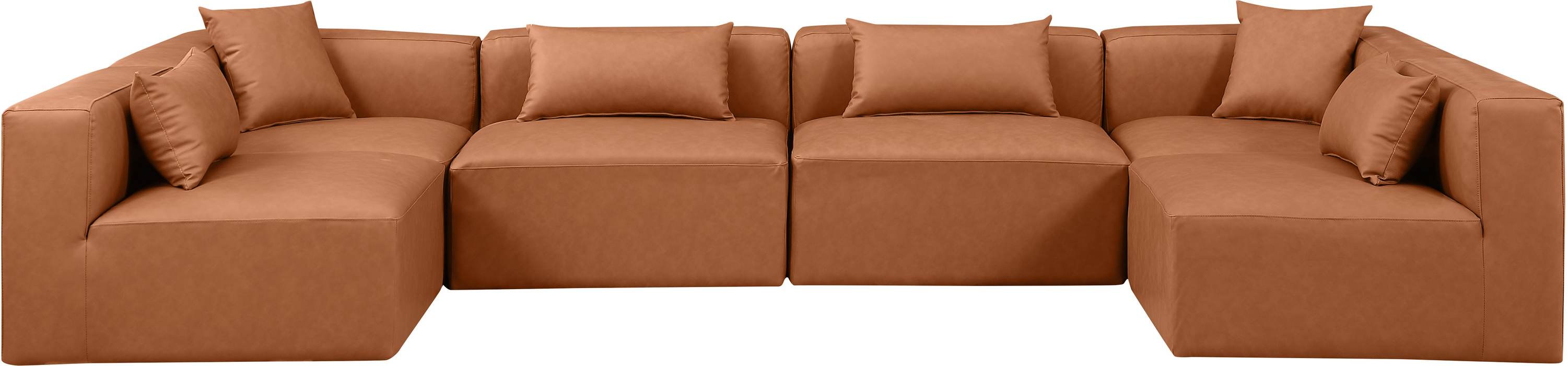 Meridian Furniture - Cube 144" Cognac Vegan Leather Upholstered 6pc. Sectional - 668Cognac-Sec6D - GreatFurnitureDeal