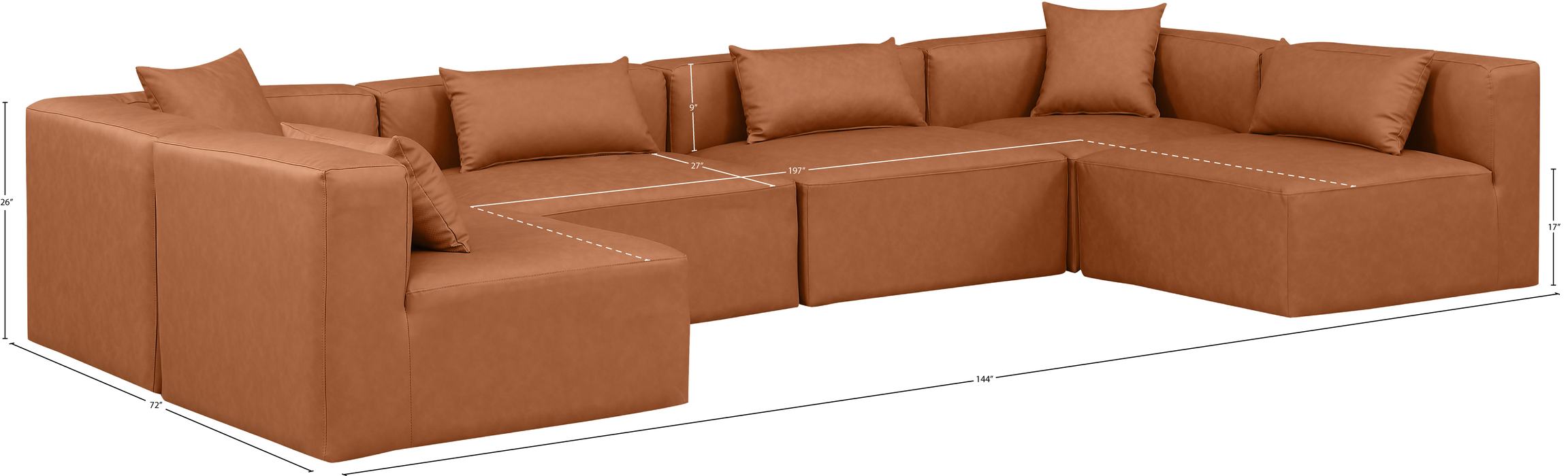 Meridian Furniture - Cube 144" Cognac Vegan Leather Upholstered 6pc. Sectional - 668Cognac-Sec6D - GreatFurnitureDeal