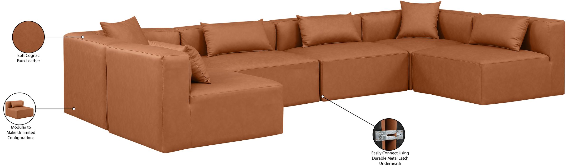 Meridian Furniture - Cube 144" Cognac Vegan Leather Upholstered 6pc. Sectional - 668Cognac-Sec6D - GreatFurnitureDeal