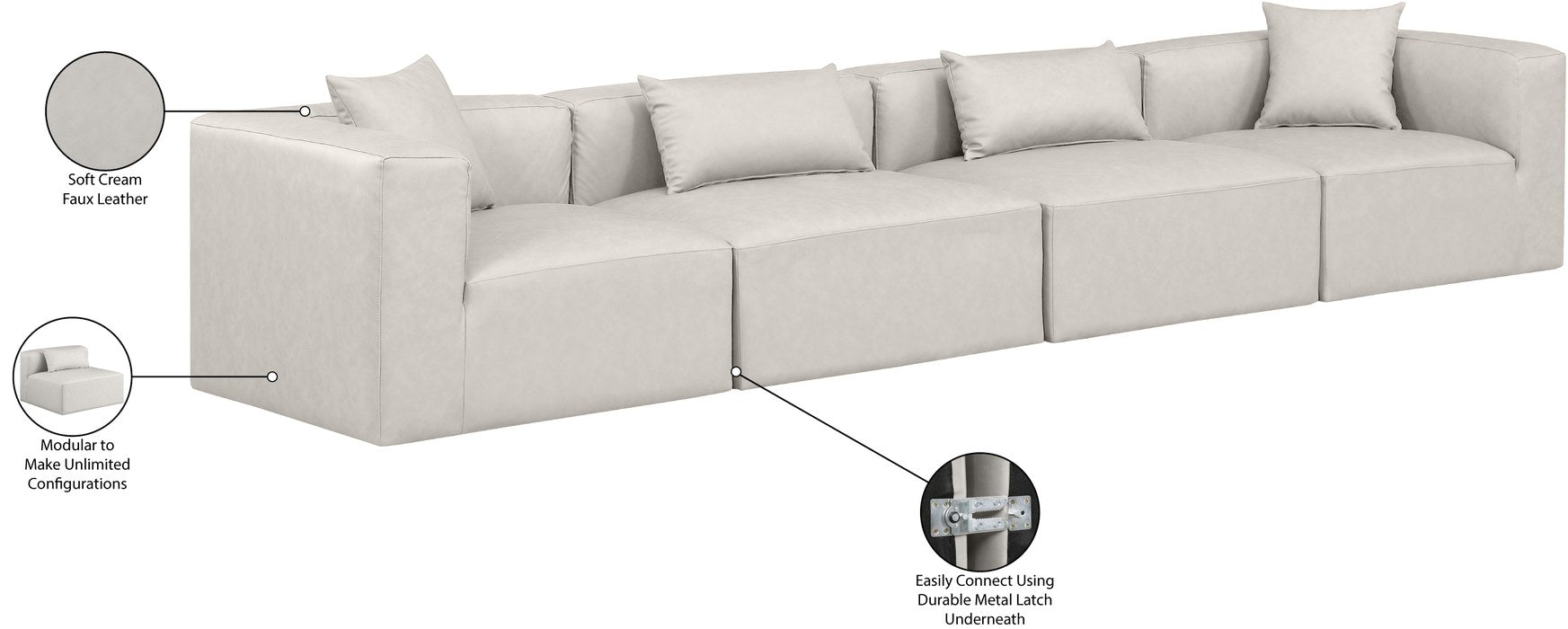 Meridian Furniture - Cube 144" Cream Vegan Leather Upholstered 4pc. Sofa - 668Cream-S144B - GreatFurnitureDeal