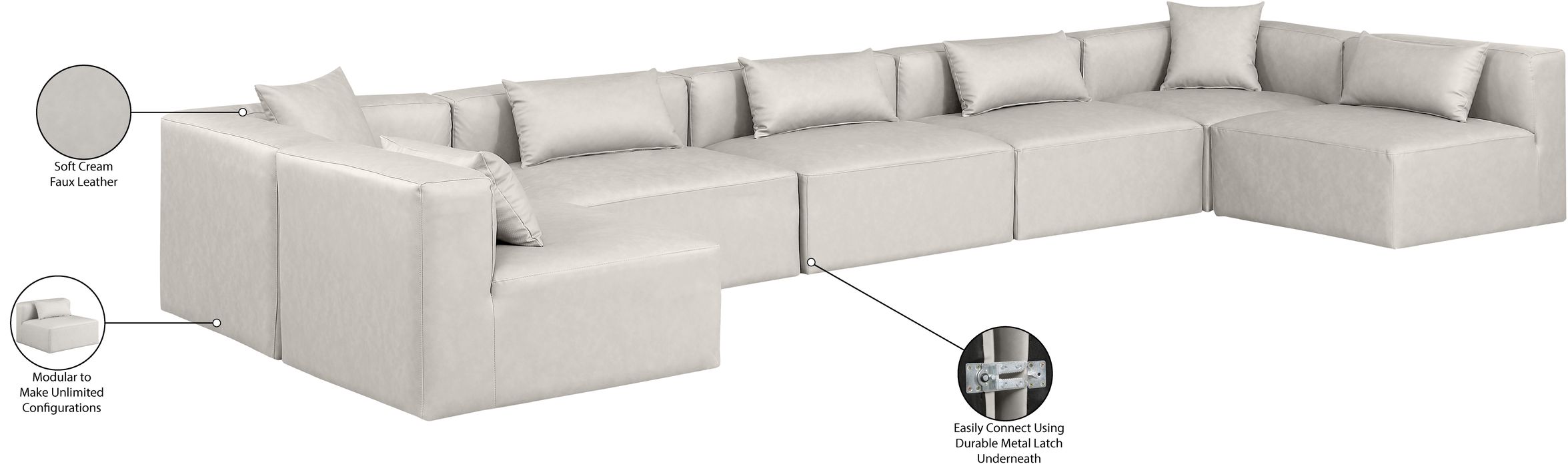 Meridian Furniture - Cube 180" Cream Vegan Leather Upholstered 7pc. Sectional - 668Cream-Sec7B - GreatFurnitureDeal