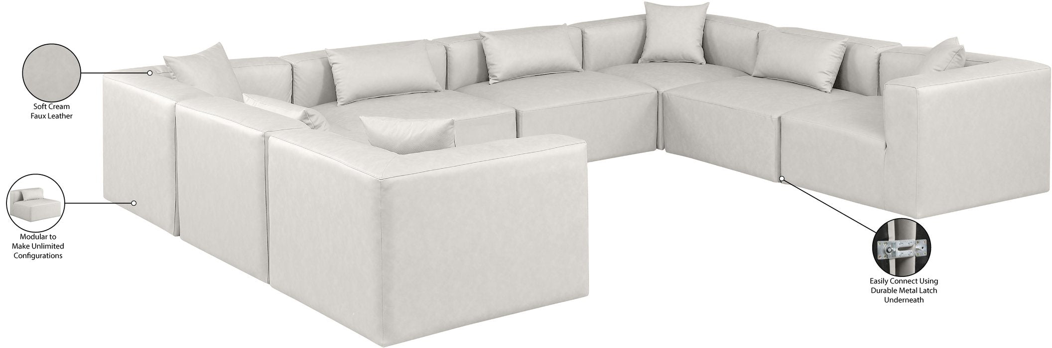 Meridian Furniture - Cube 144" Cream Vegan Leather Upholstered 8pc. Sectional - 668Cream-Sec8A - GreatFurnitureDeal