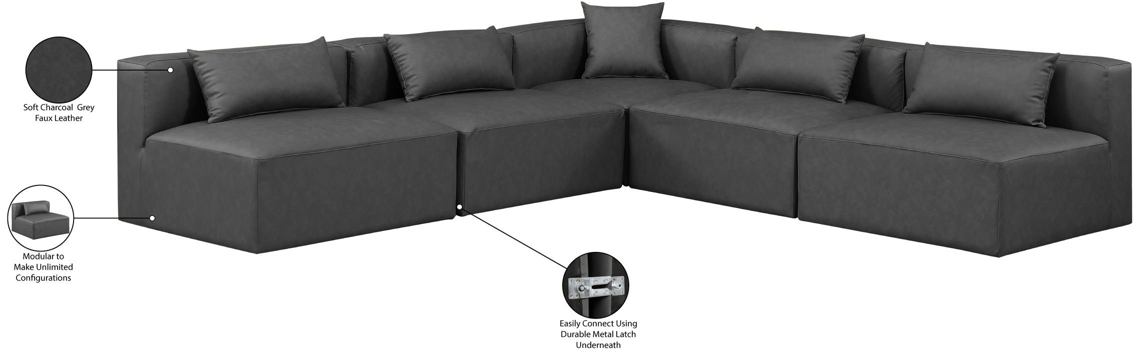 Meridian Furniture - Cube 108" Charcoal Vegan Leather Upholstered 5pc. Sectional - 668Grey-Sec5B - GreatFurnitureDeal