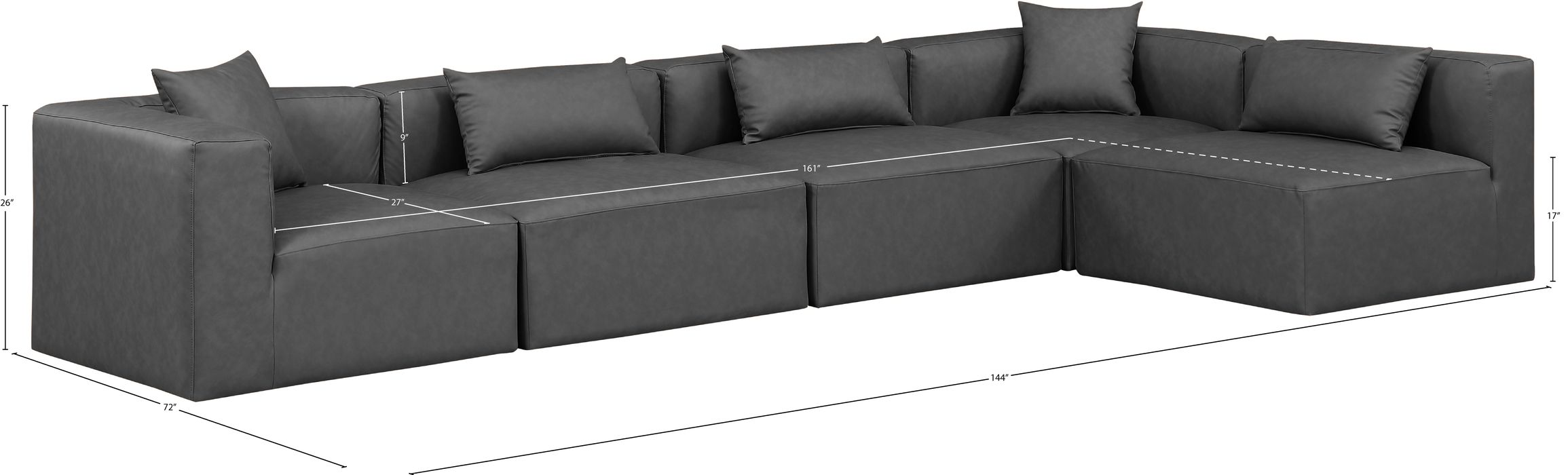 Meridian Furniture - Cube 144" Charcoal Vegan Leather Upholstered 5pc. Sectional - 668Grey-Sec5D - GreatFurnitureDeal