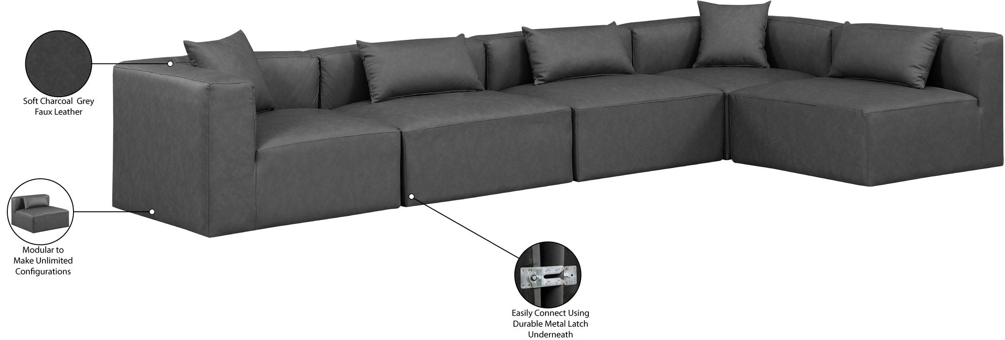 Meridian Furniture - Cube 144" Charcoal Vegan Leather Upholstered 5pc. Sectional - 668Grey-Sec5D - GreatFurnitureDeal