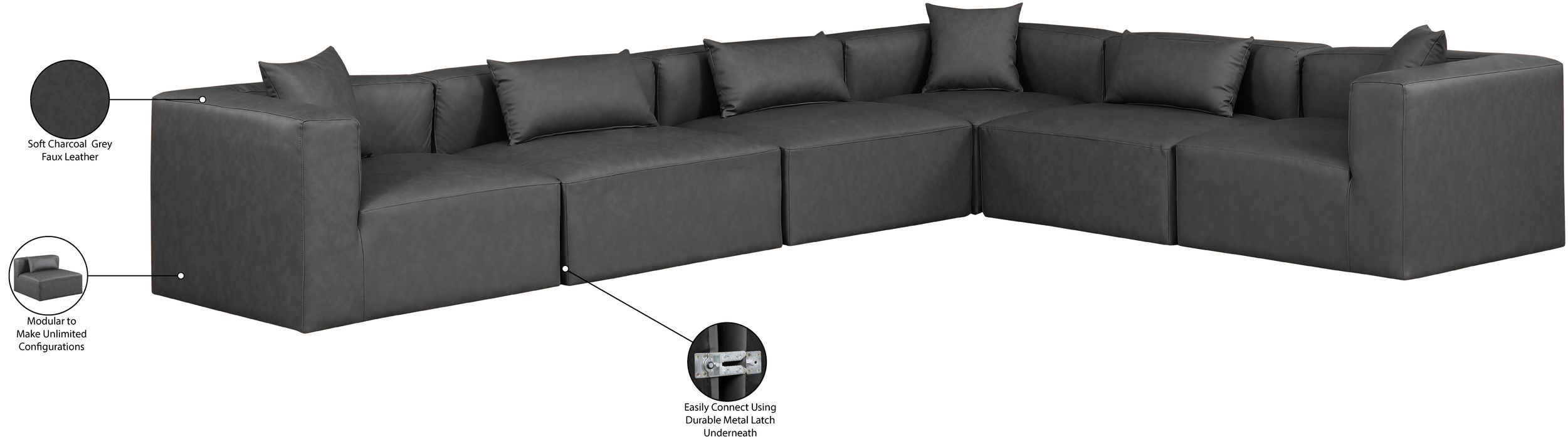 Meridian Furniture - Cube 144" Charcoal Vegan Leather Upholstered 6pc. Sectional - 668Grey-Sec6A - GreatFurnitureDeal
