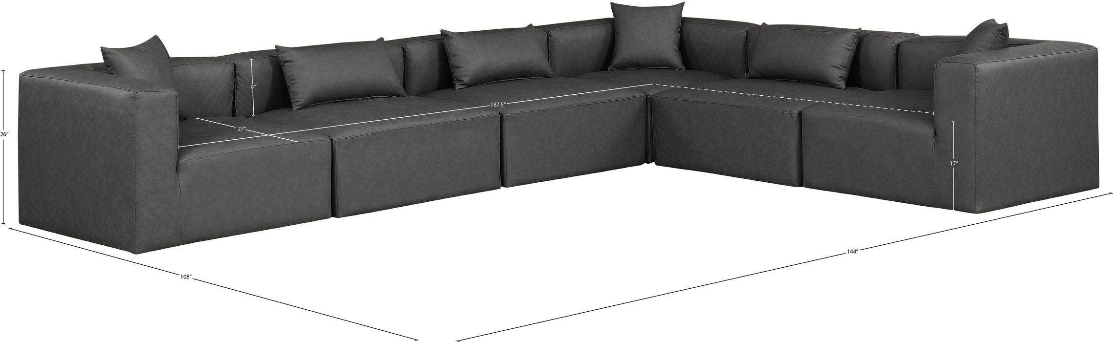 Meridian Furniture - Cube 144" Charcoal Vegan Leather Upholstered 6pc. Sectional - 668Grey-Sec6A - GreatFurnitureDeal