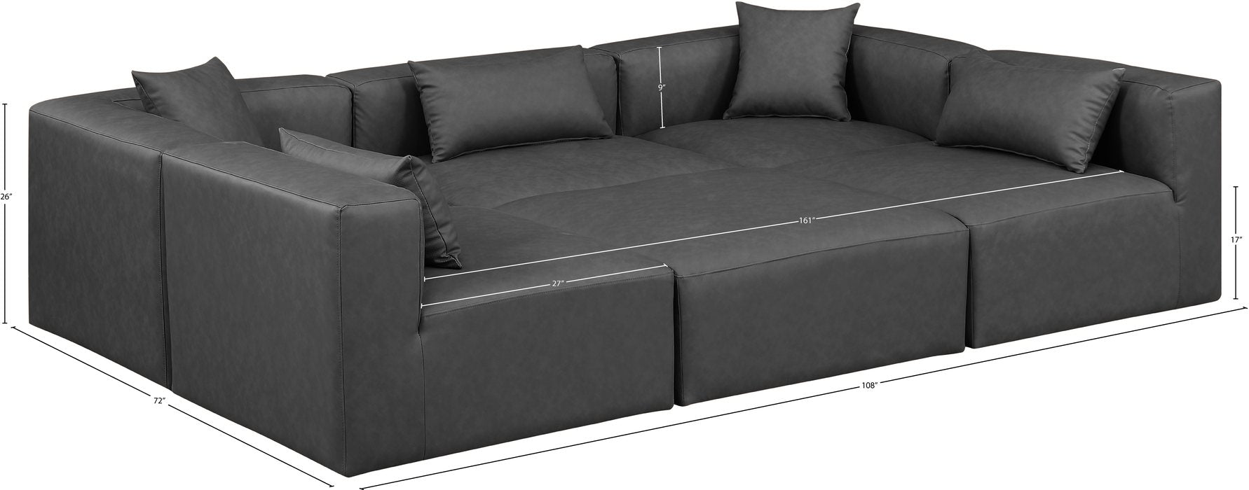 Meridian Furniture - Cube 108" Charcoal Vegan Leather Upholstered 6pc. Sectional - 668Grey-Sec6C - GreatFurnitureDeal