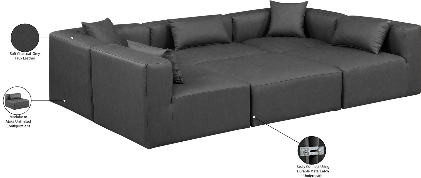 Meridian Furniture - Cube 108" Charcoal Vegan Leather Upholstered 6pc. Sectional - 668Grey-Sec6C - GreatFurnitureDeal
