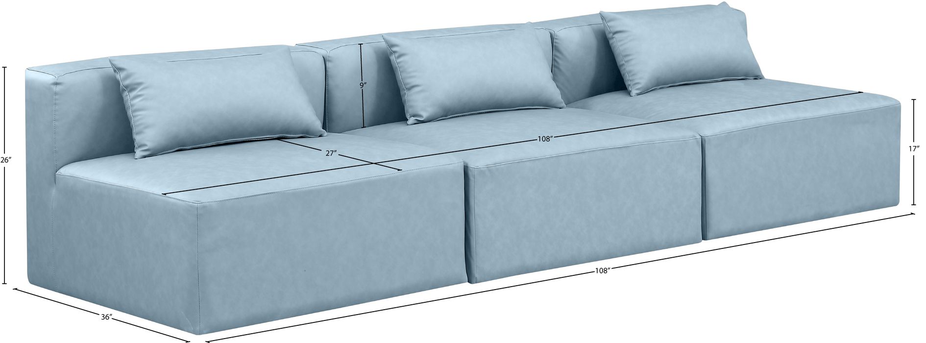Meridian Furniture - Cube 108" Light Blue Vegan Leather Upholstered 3pc. Armless Sofa - 668LtBlu-S108A - GreatFurnitureDeal