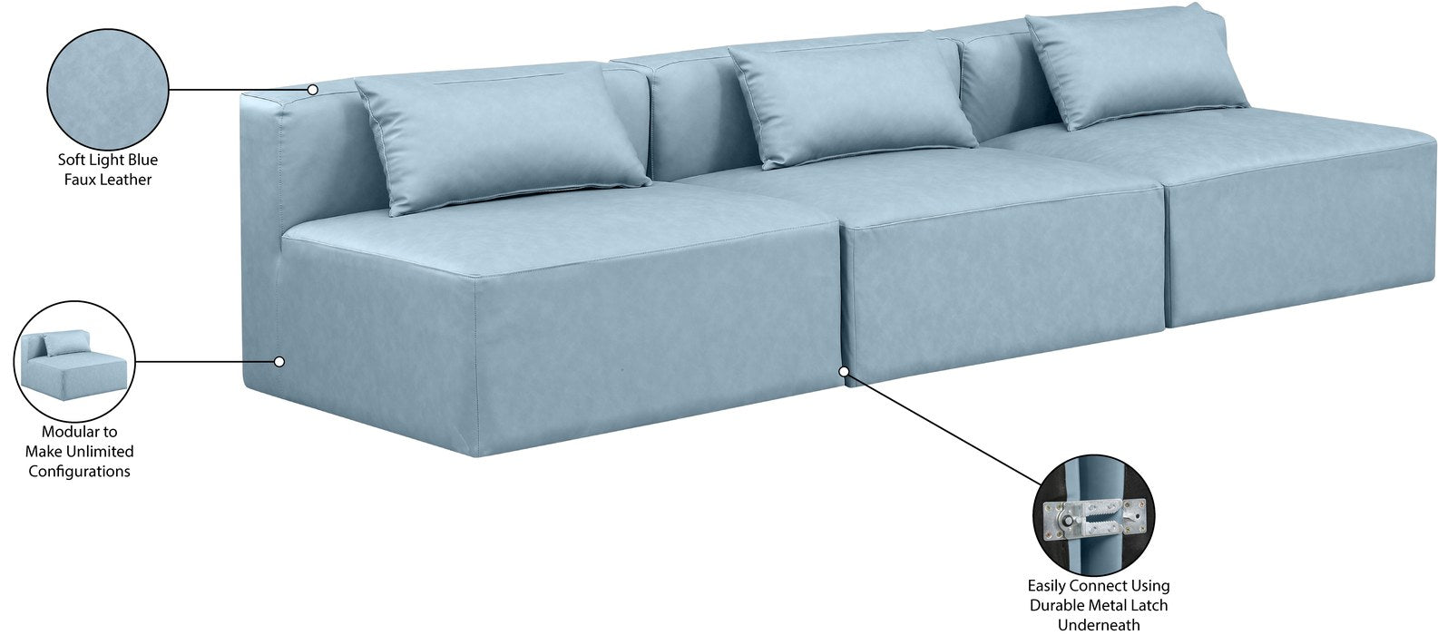 Meridian Furniture - Cube 108" Light Blue Vegan Leather Upholstered 3pc. Armless Sofa - 668LtBlu-S108A - GreatFurnitureDeal
