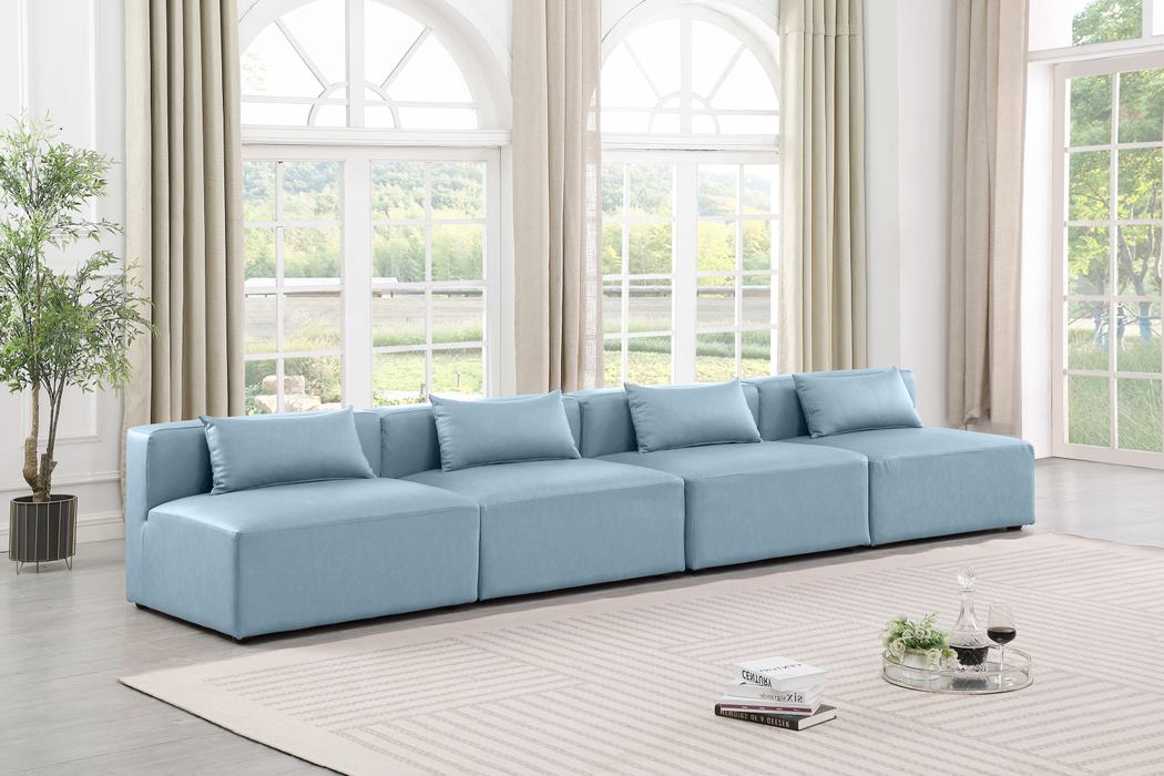 Meridian Furniture - Cube 144" Light Blue Vegan Leather Upholstered 4pc. Armless Sofa - 668LtBlu-S144A - GreatFurnitureDeal