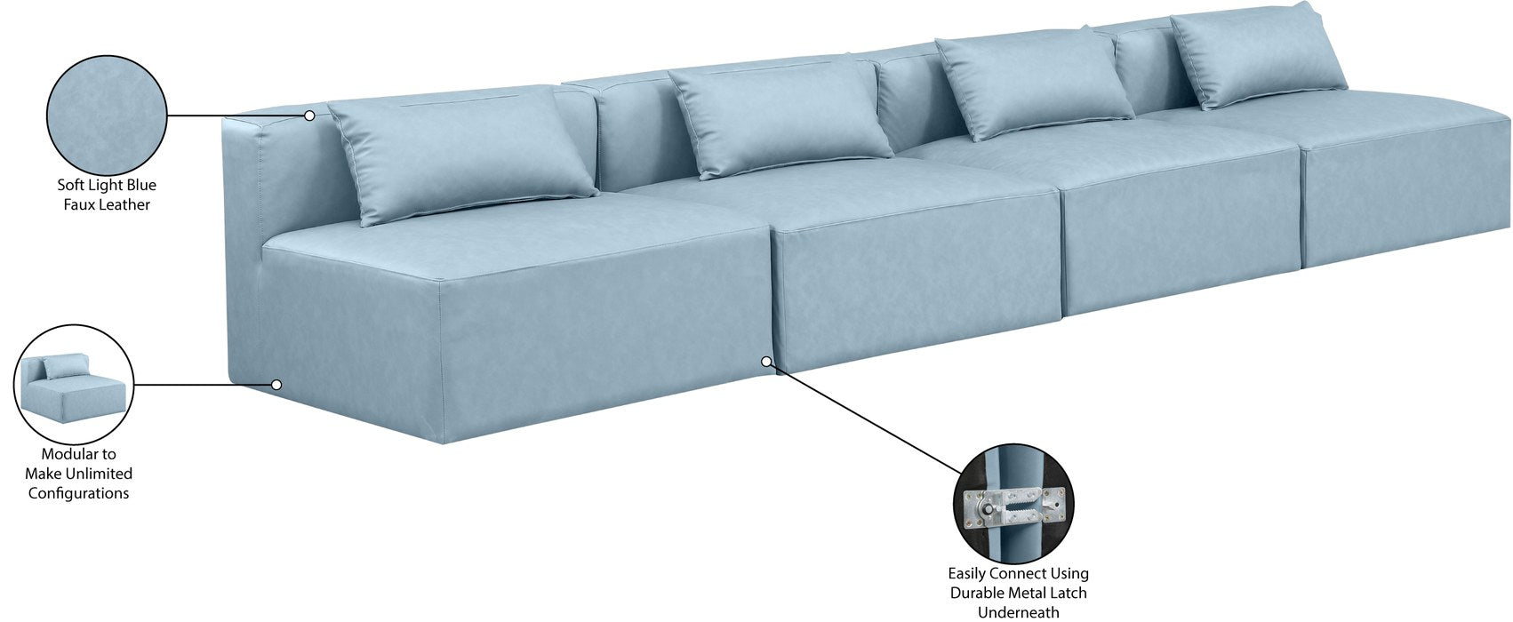 Meridian Furniture - Cube 144" Light Blue Vegan Leather Upholstered 4pc. Armless Sofa - 668LtBlu-S144A - GreatFurnitureDeal