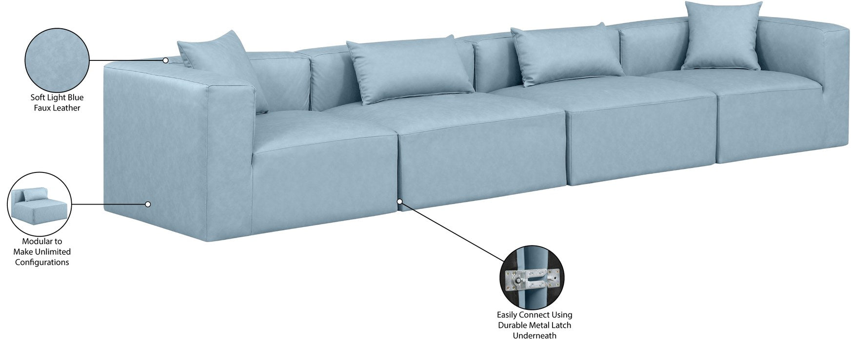 Meridian Furniture - Cube 144" Light Blue Vegan Leather Upholstered 4pc. Sofa - 668LtBlu-S144B - GreatFurnitureDeal