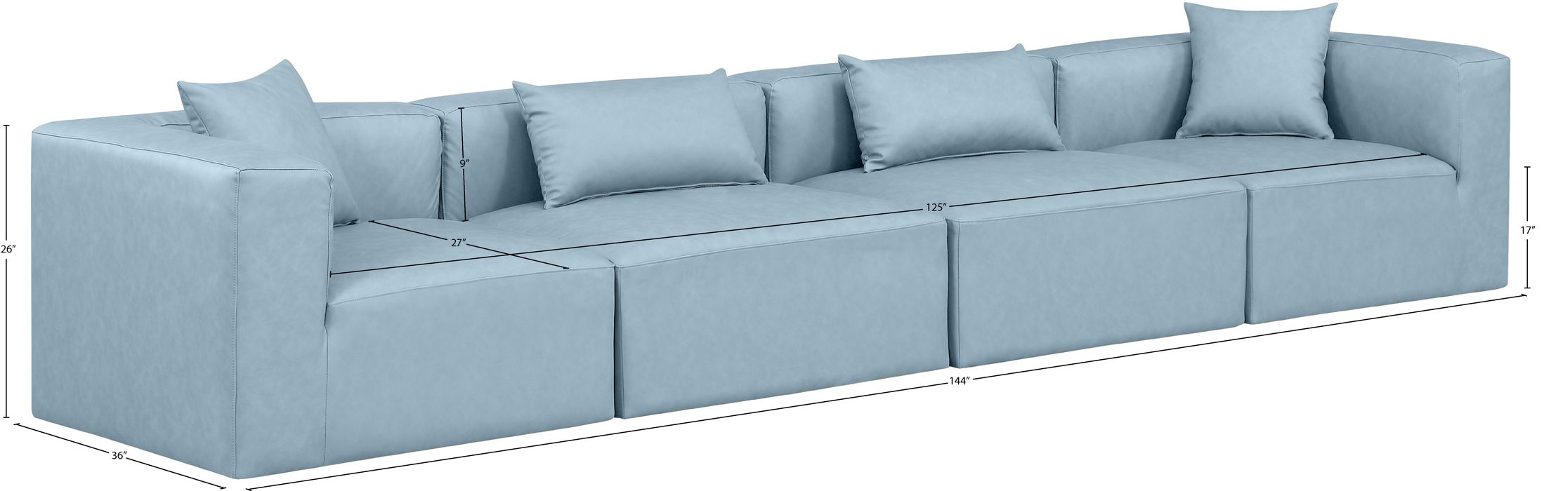 Meridian Furniture - Cube 144" Light Blue Vegan Leather Upholstered 4pc. Sofa - 668LtBlu-S144B - GreatFurnitureDeal