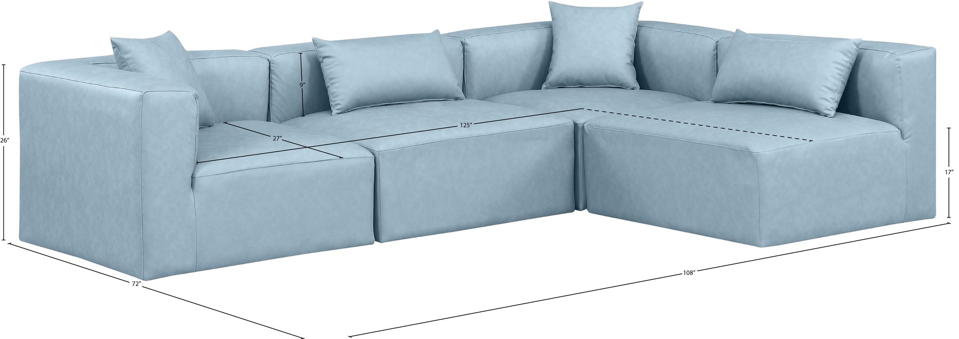 Meridian Furniture - Cube 108" Light Blue Vegan Leather Upholstered 4pc. Sectional - 668LtBlu-Sec4B - GreatFurnitureDeal