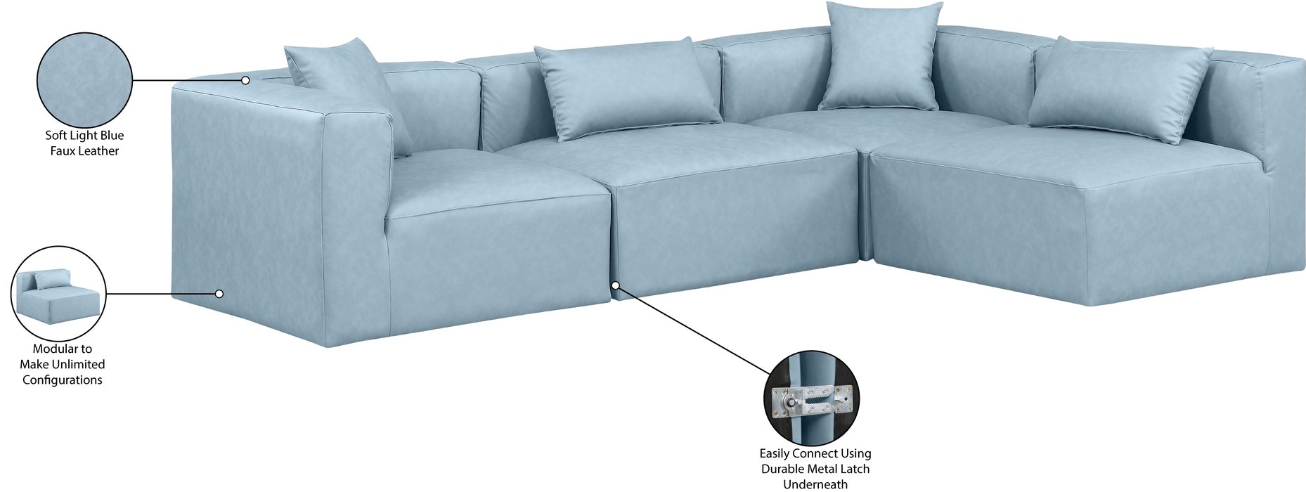 Meridian Furniture - Cube 108" Light Blue Vegan Leather Upholstered 4pc. Sectional - 668LtBlu-Sec4B - GreatFurnitureDeal