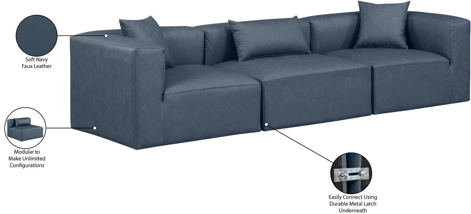 Meridian Furniture - Cube 108" Navy Vegan Leather Upholstered 3pc. Sofa - 668Navy-S108B - GreatFurnitureDeal