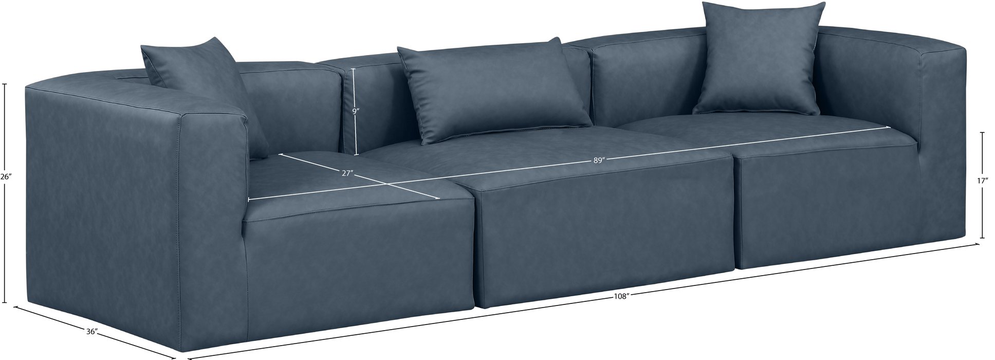 Meridian Furniture - Cube 108" Navy Vegan Leather Upholstered 3pc. Sofa - 668Navy-S108B - GreatFurnitureDeal