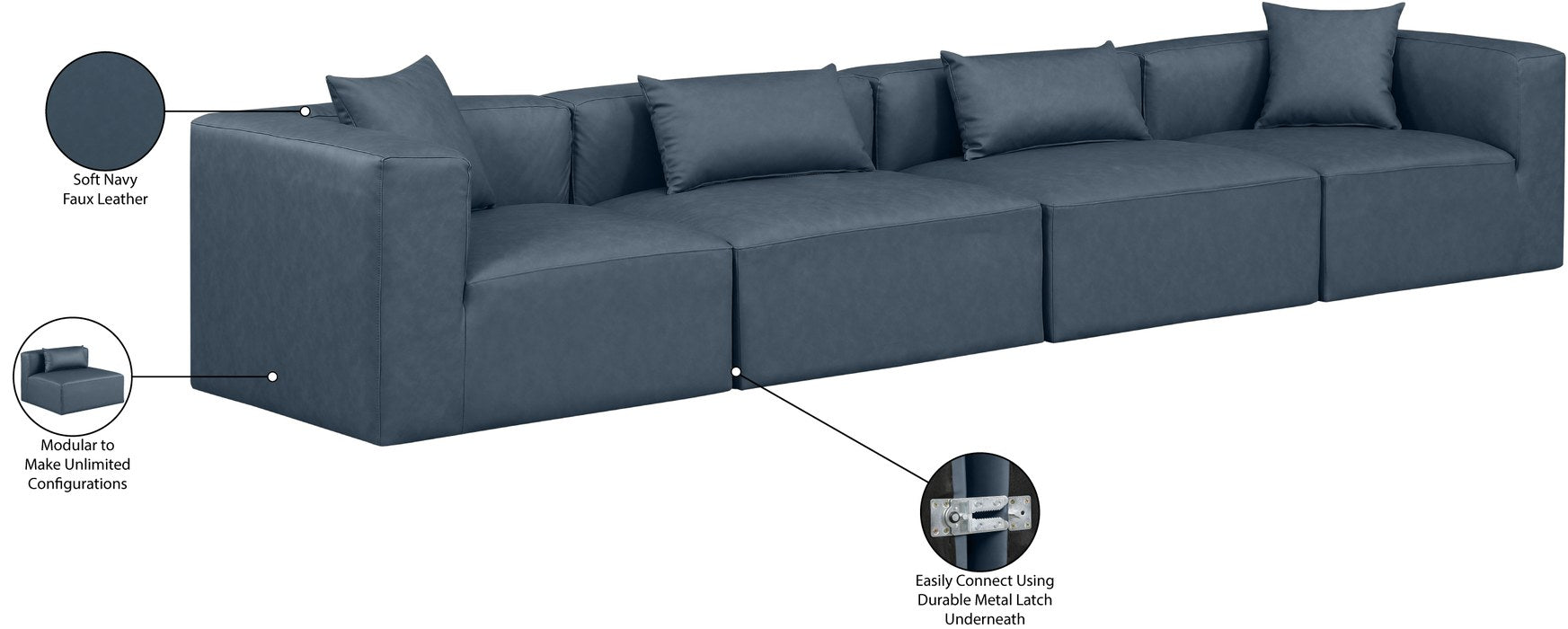 Meridian Furniture - Cube 144" Navy Vegan Leather Upholstered 4pc. Sofa - 668Navy-S144B - GreatFurnitureDeal