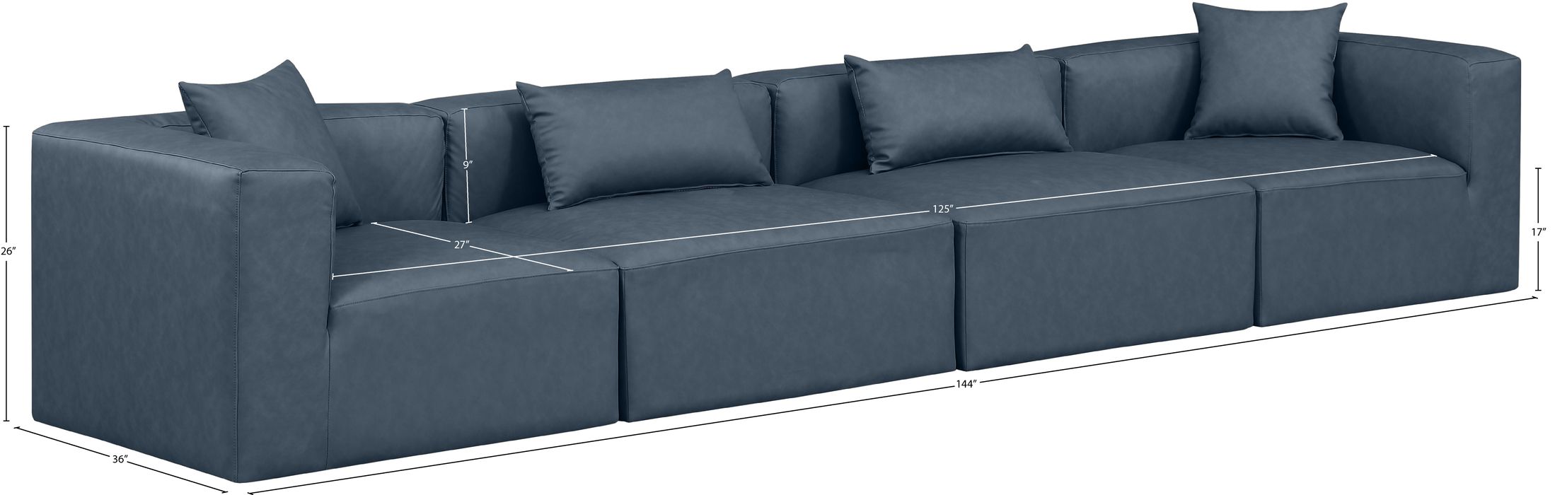 Meridian Furniture - Cube 144" Navy Vegan Leather Upholstered 4pc. Sofa - 668Navy-S144B - GreatFurnitureDeal