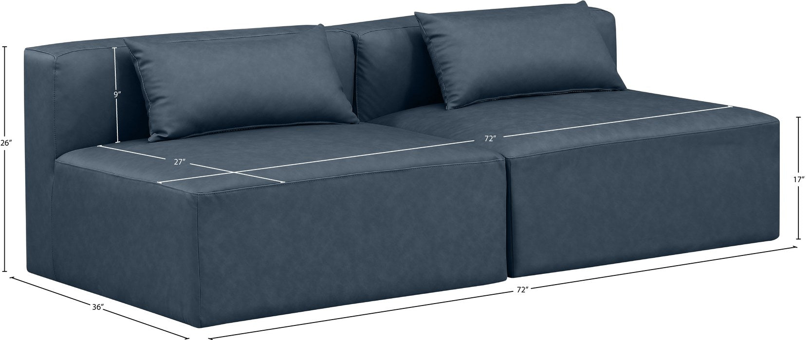 Meridian Furniture - Cube 72" Navy Vegan Leather Upholstered 2pc. Armless Sofa - 668Navy-S72A - GreatFurnitureDeal