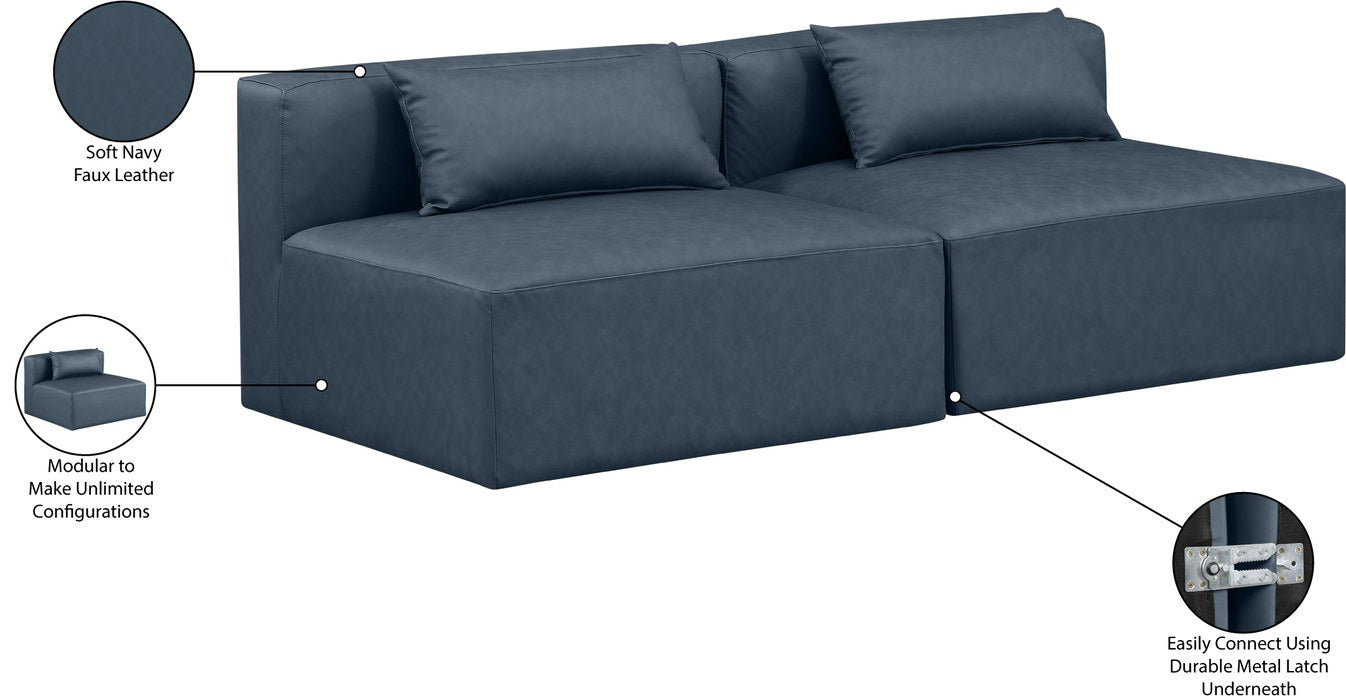 Meridian Furniture - Cube 72" Navy Vegan Leather Upholstered 2pc. Armless Sofa - 668Navy-S72A - GreatFurnitureDeal
