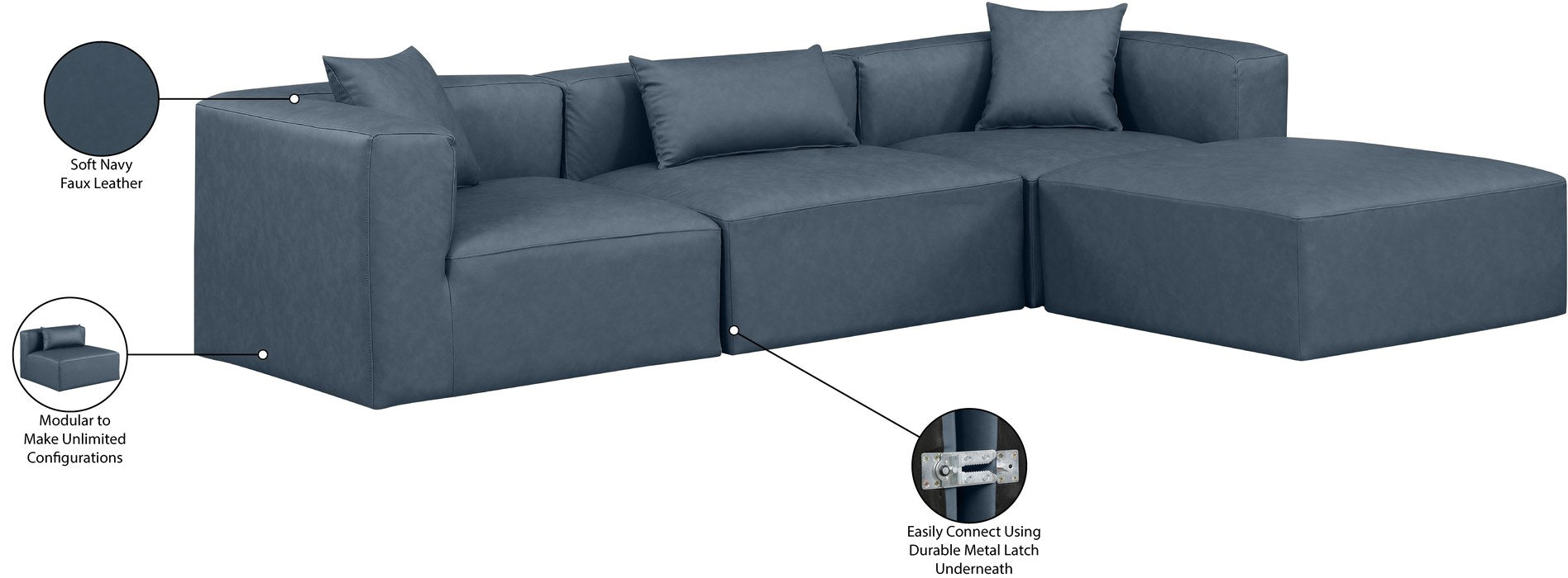 Meridian Furniture - Cube 108" Navy Vegan Leather Upholstered 4pc. Sectional - 668Navy-Sec4A - GreatFurnitureDeal