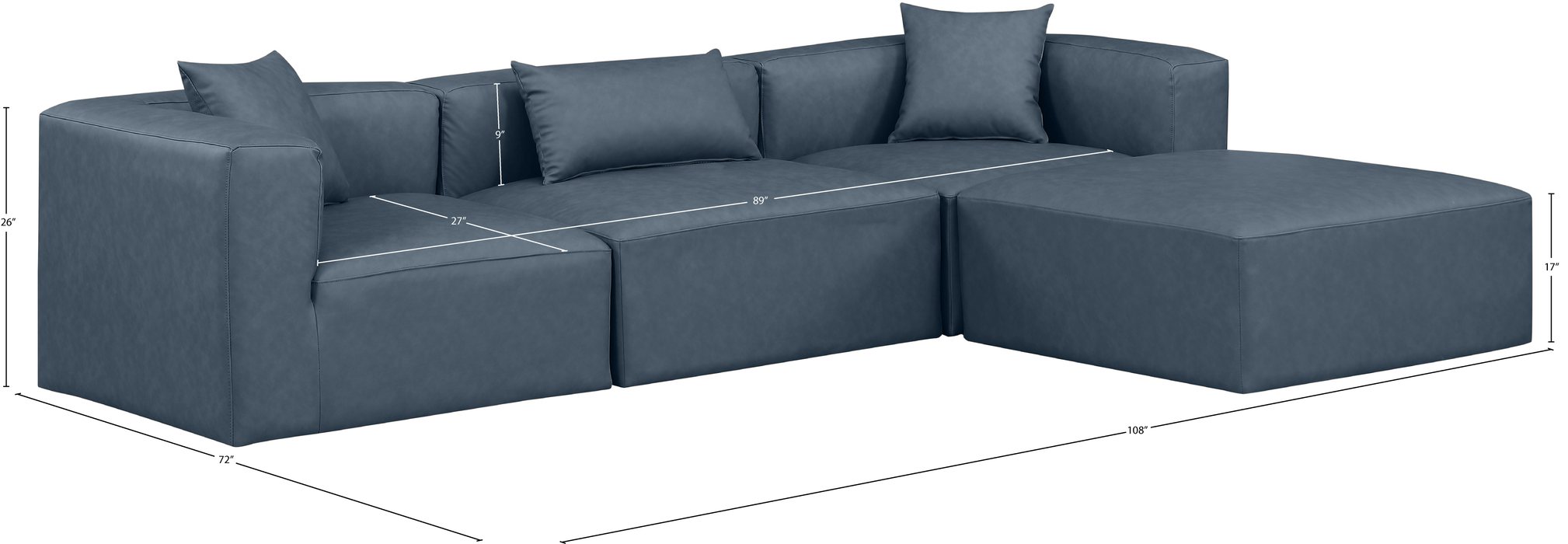 Meridian Furniture - Cube 108" Navy Vegan Leather Upholstered 4pc. Sectional - 668Navy-Sec4A - GreatFurnitureDeal