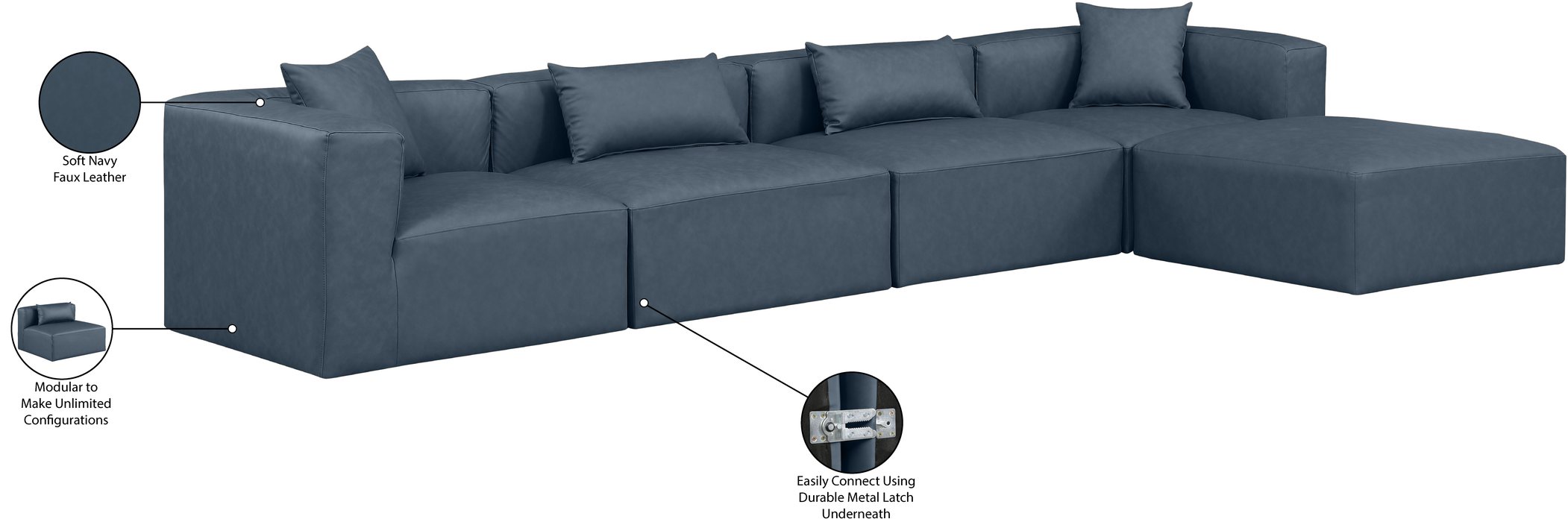 Meridian Furniture - Cube 144" Navy Vegan Leather Upholstered 5pc. Sectional - 668Navy-Sec5A - GreatFurnitureDeal