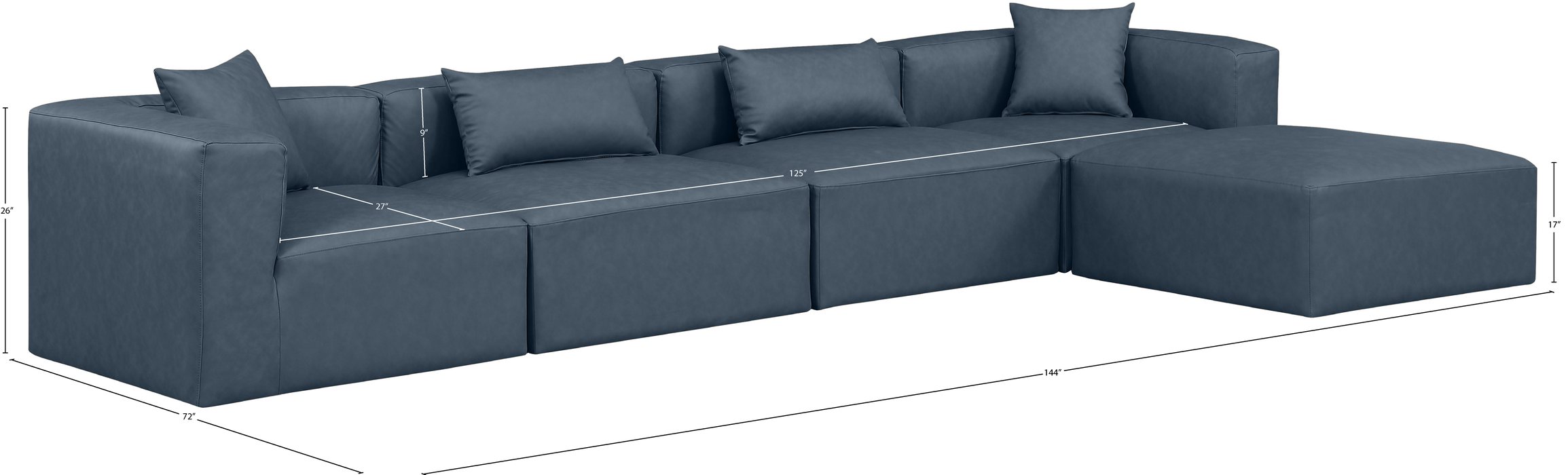 Meridian Furniture - Cube 144" Navy Vegan Leather Upholstered 5pc. Sectional - 668Navy-Sec5A - GreatFurnitureDeal