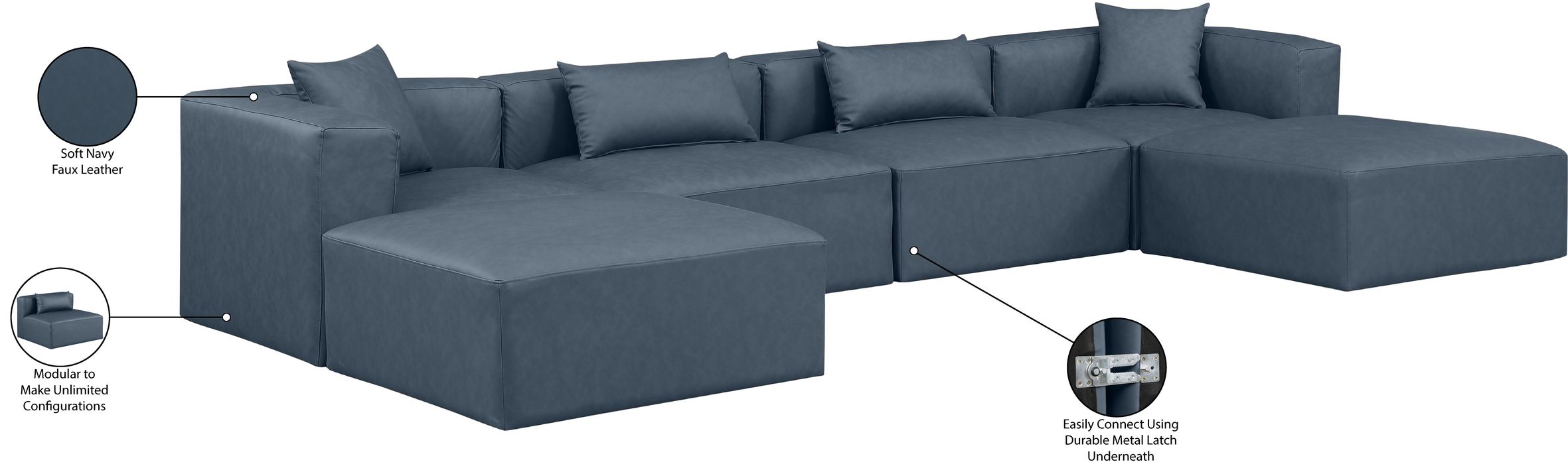 Meridian Furniture - Cube 144" Navy Vegan Leather Upholstered 6pc. Sectional - 668Navy-Sec6B - GreatFurnitureDeal