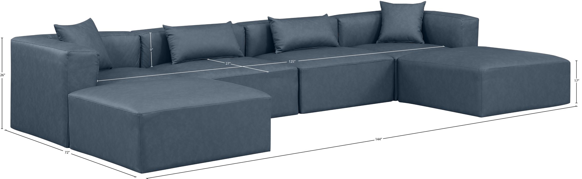 Meridian Furniture - Cube 144" Navy Vegan Leather Upholstered 6pc. Sectional - 668Navy-Sec6B - GreatFurnitureDeal