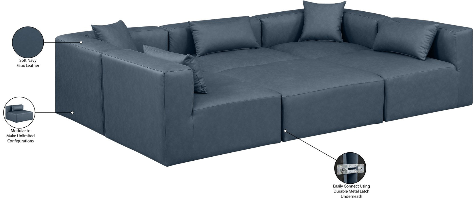 Meridian Furniture - Cube 108" Navy Vegan Leather Upholstered 6pc. Sectional - 668Navy-Sec6C - GreatFurnitureDeal