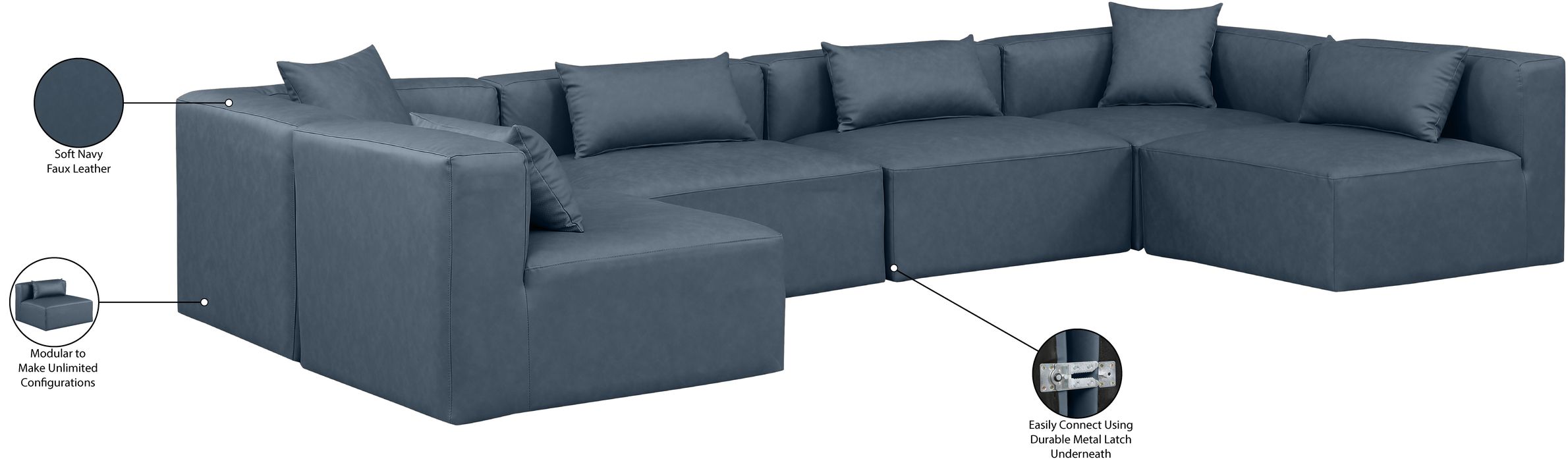 Meridian Furniture - Cube 144" Navy Vegan Leather Upholstered 6pc. Sectional - 668Navy-Sec6D - GreatFurnitureDeal