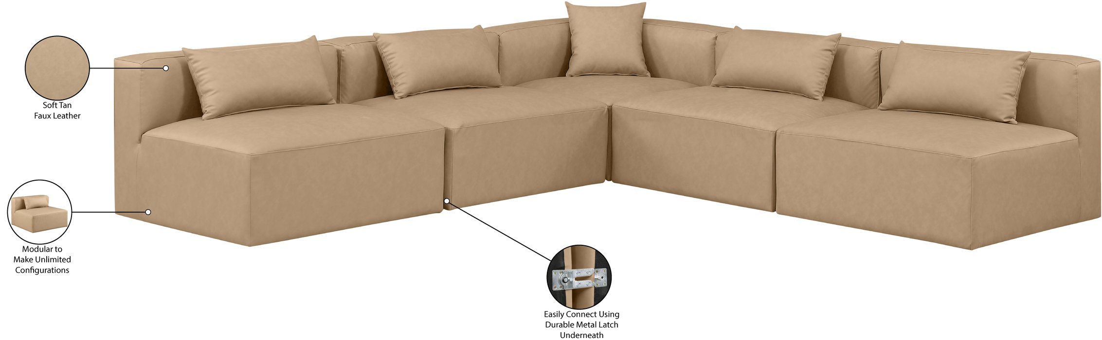 Meridian Furniture - Cube 108" Tan Vegan Leather Upholstered 5pc. Sectional - 668Tan-Sec5B - GreatFurnitureDeal