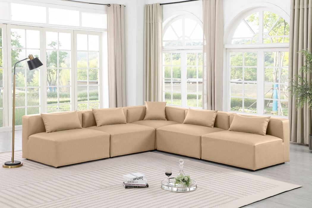 Meridian Furniture - Cube 108" Tan Vegan Leather Upholstered 5pc. Sectional - 668Tan-Sec5B - GreatFurnitureDeal