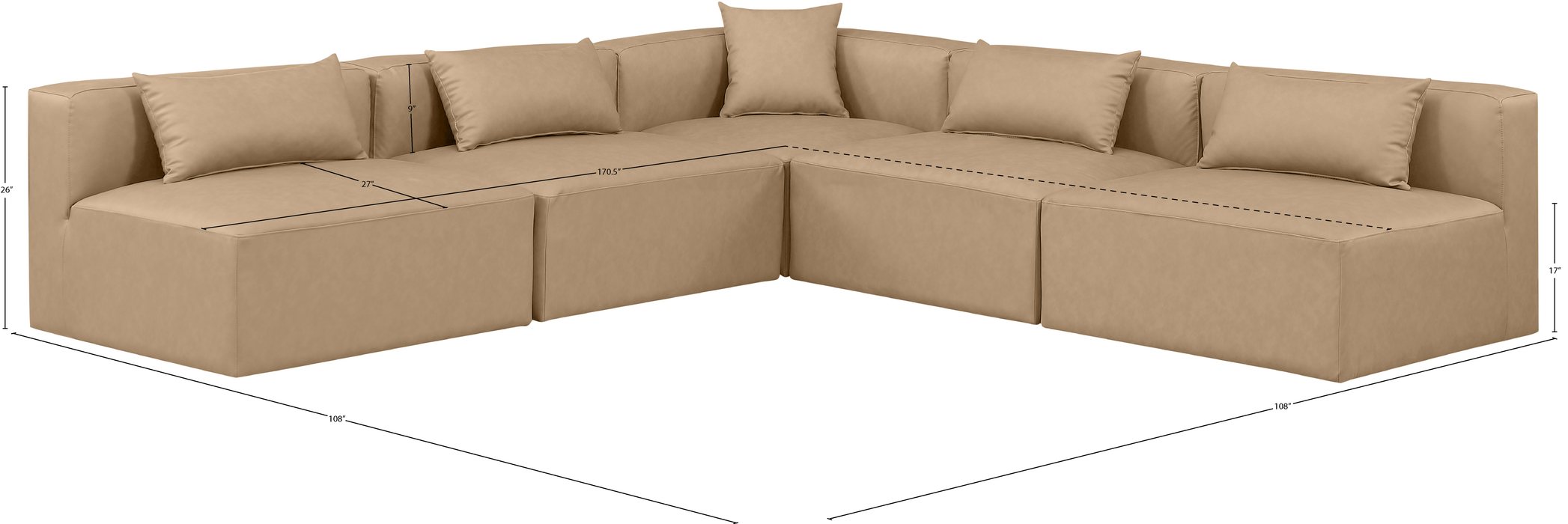 Meridian Furniture - Cube 108" Tan Vegan Leather Upholstered 5pc. Sectional - 668Tan-Sec5B - GreatFurnitureDeal