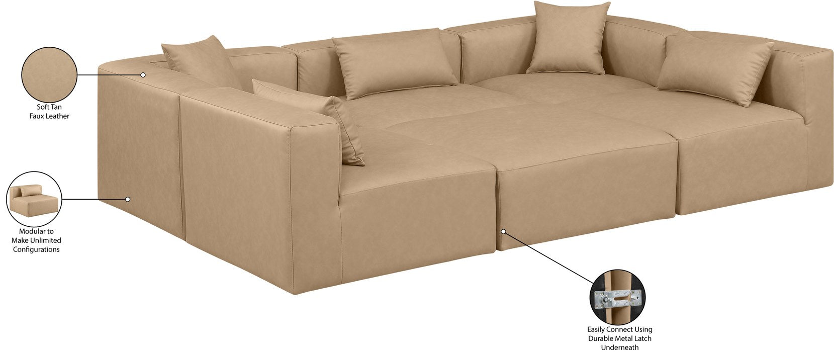 Meridian Furniture - Cube 108" Tan Vegan Leather Upholstered 6pc. Sectional - 668Tan-Sec6C - GreatFurnitureDeal