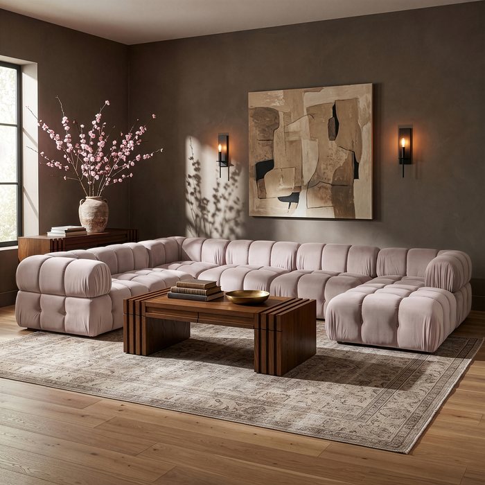 Meridian Furniture - Orin Beige Velvet Performance Fabric Upholstered 7 pc. Sectional - 671Beige-Sec7H - GreatFurnitureDeal