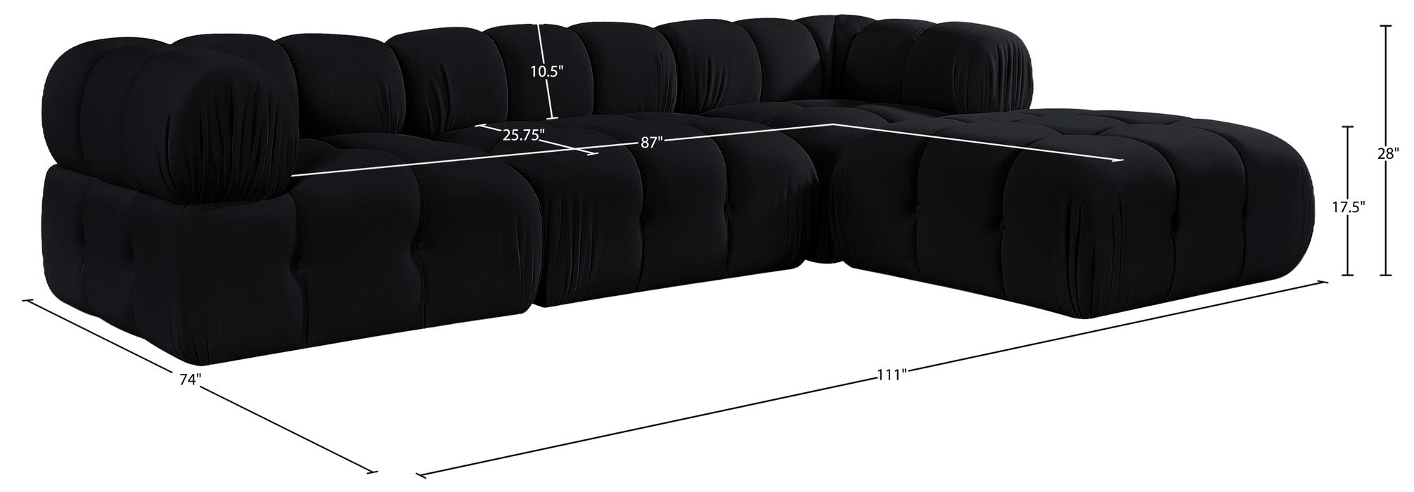 Meridian Furniture - Orin Black Velvet Performance Fabric Upholstered 4 pc. Sectional - 671Black-Sec4B - GreatFurnitureDeal
