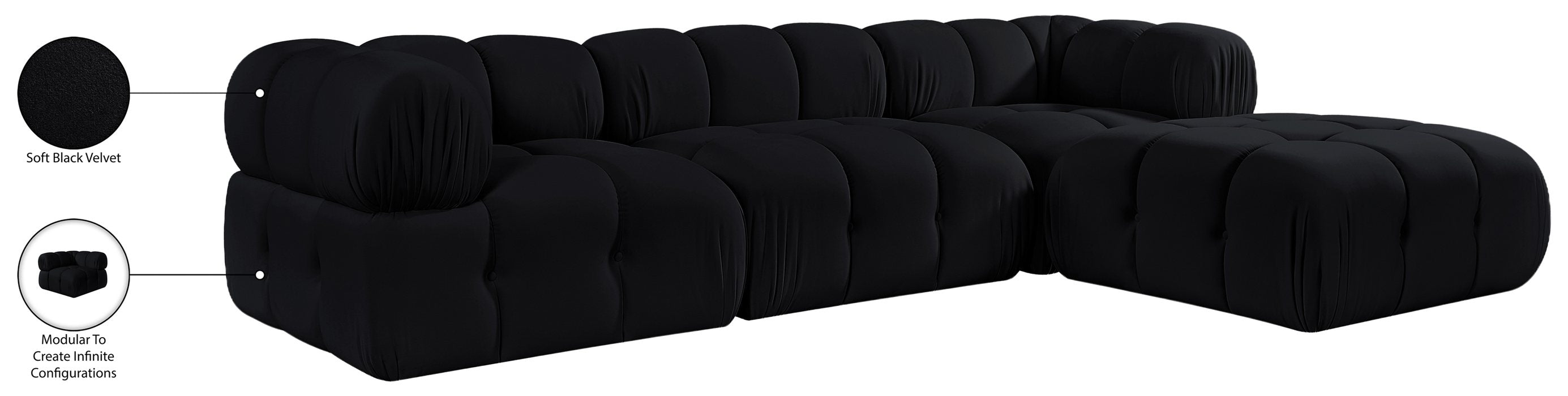 Meridian Furniture - Orin Black Velvet Performance Fabric Upholstered 4 pc. Sectional - 671Black-Sec4B - GreatFurnitureDeal