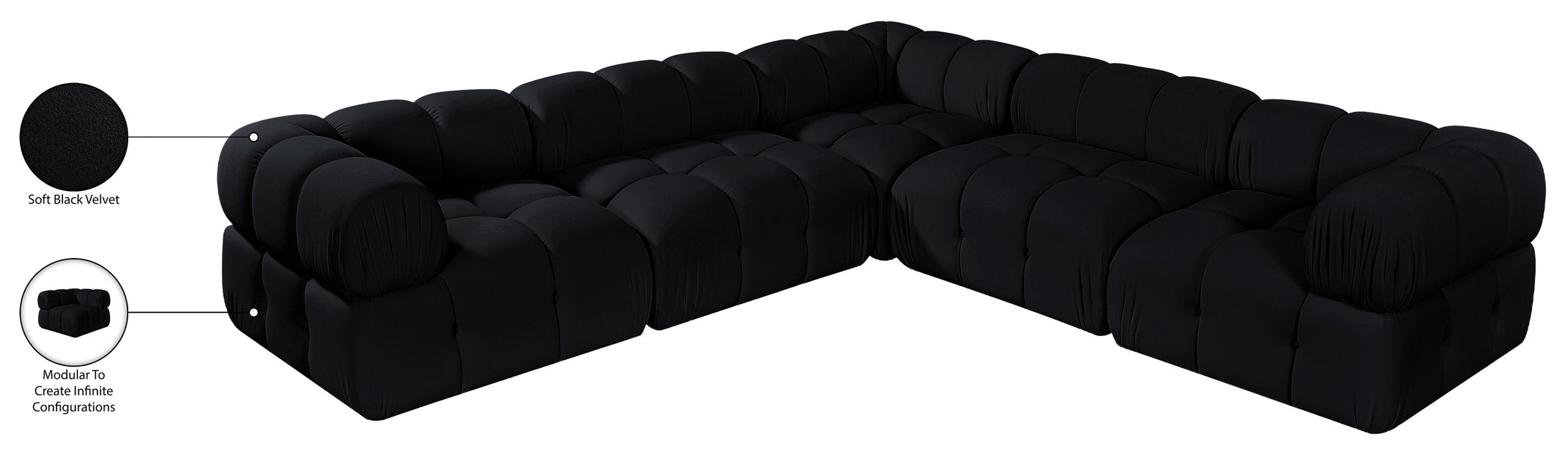 Meridian Furniture - Orin Black Velvet Performance Fabric Upholstered 5 pc. Sectional - 671Black-Sec5D - GreatFurnitureDeal