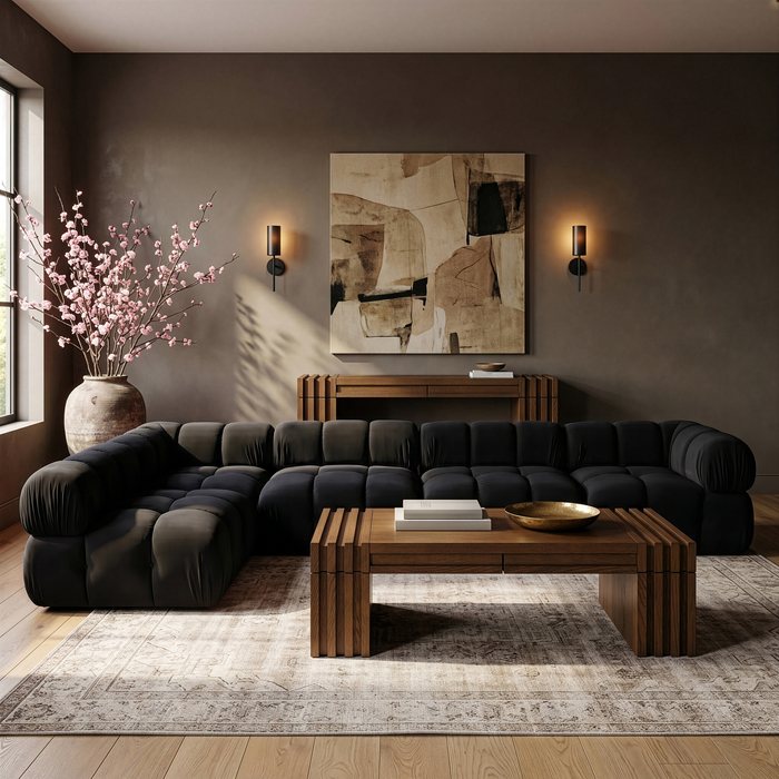 Meridian Furniture - Orin Black Velvet Performance Fabric Upholstered 5 pc. Sectional - 671Black-Sec5E - GreatFurnitureDeal