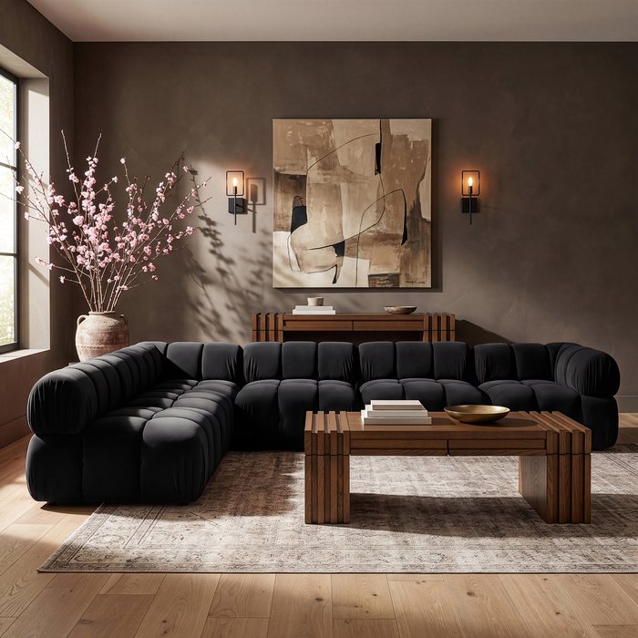 Meridian Furniture - Orin Black Velvet Performance Fabric Upholstered 6 pc. Sectional - 671Black-Sec6B - GreatFurnitureDeal