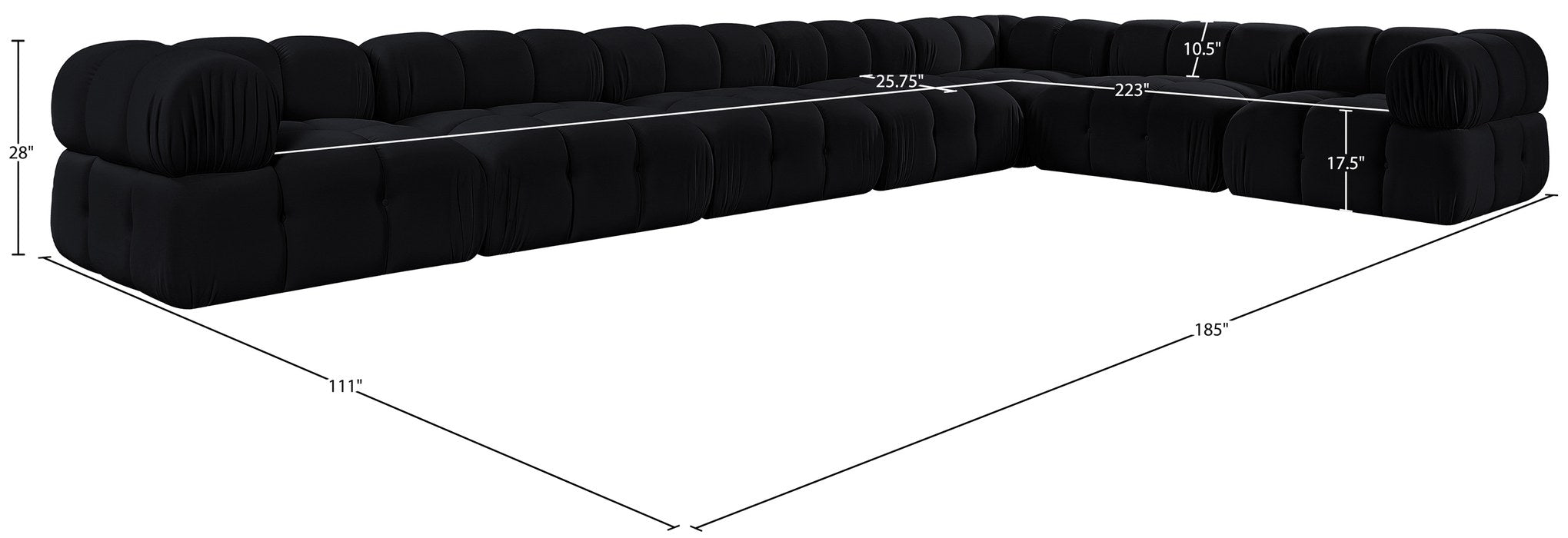 Meridian Furniture - Orin Black Velvet Performance Fabric Upholstered 7 pc. Sectional - 671Black-Sec7E - GreatFurnitureDeal