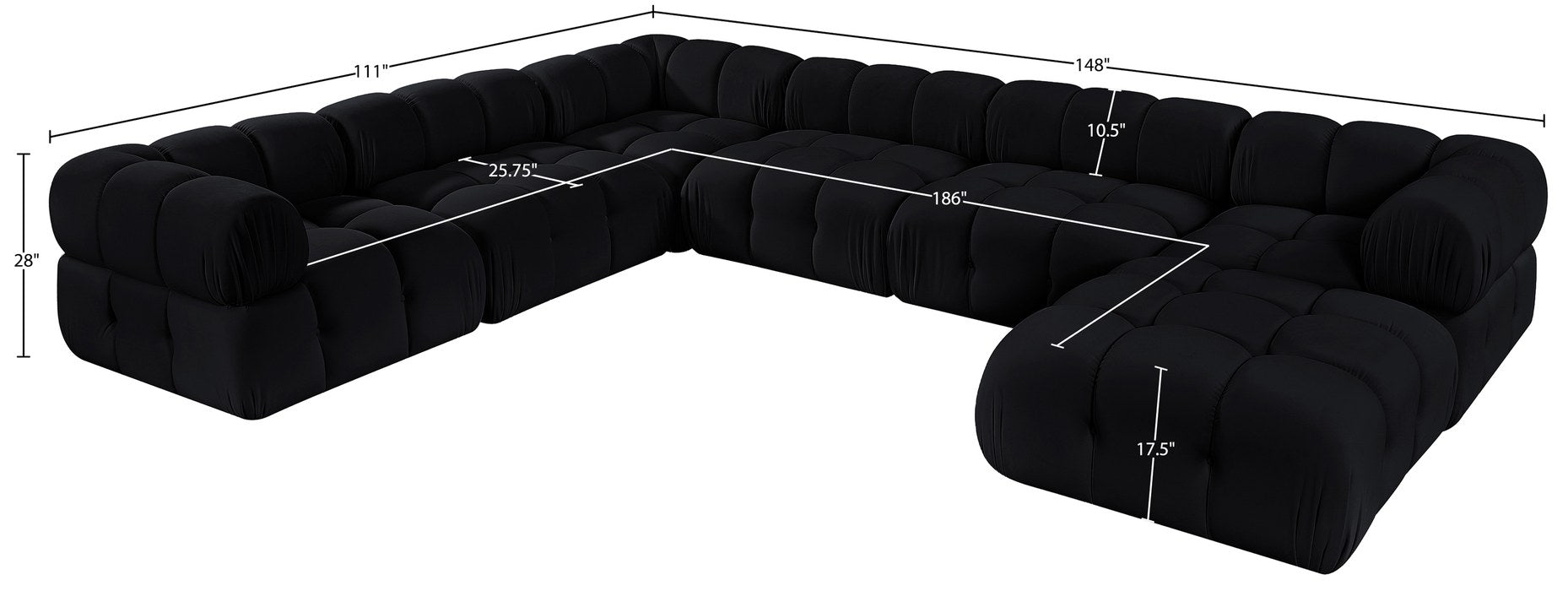 Meridian Furniture - Orin Black Velvet Performance Fabric Upholstered 7 pc. Sectional - 671Black-Sec7H - GreatFurnitureDeal