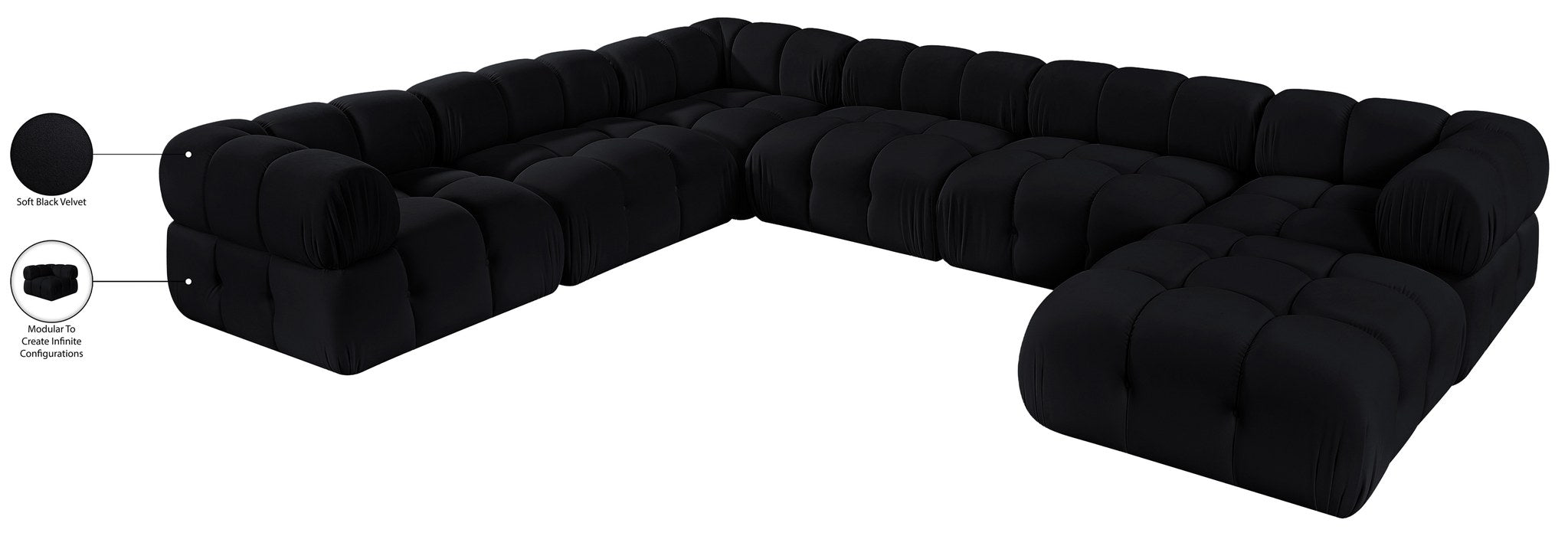 Meridian Furniture - Orin Black Velvet Performance Fabric Upholstered 7 pc. Sectional - 671Black-Sec7H - GreatFurnitureDeal