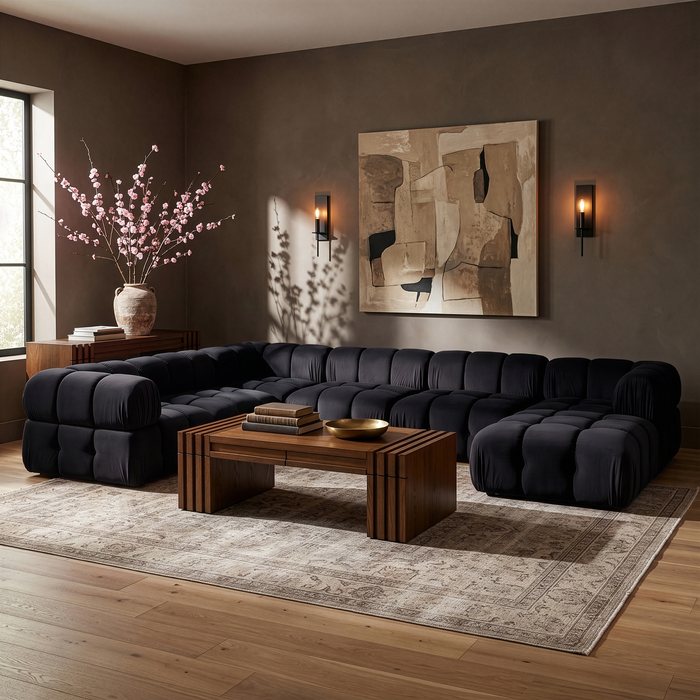 Meridian Furniture - Orin Black Velvet Performance Fabric Upholstered 7 pc. Sectional - 671Black-Sec7H - GreatFurnitureDeal