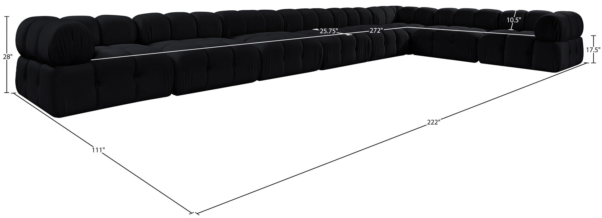 Meridian Furniture - Orin Black Velvet Performance Fabric Upholstered 8 pc. Sectional - 671Black-Sec8B - GreatFurnitureDeal